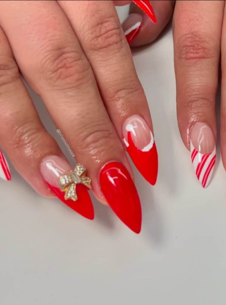 5 Candy Cane Stiletto Bow Charms playful white and red christmas nails with candy cane stripes