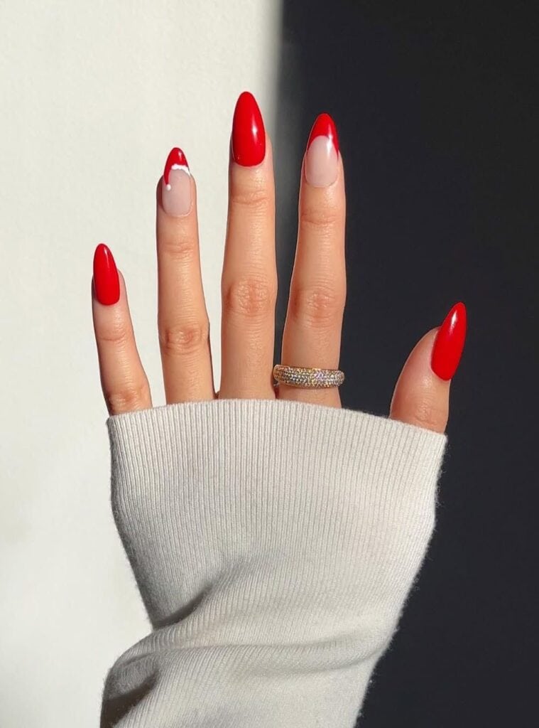 5 Red Santa Hat Stiletto French fun red and white nails with santa hat tips