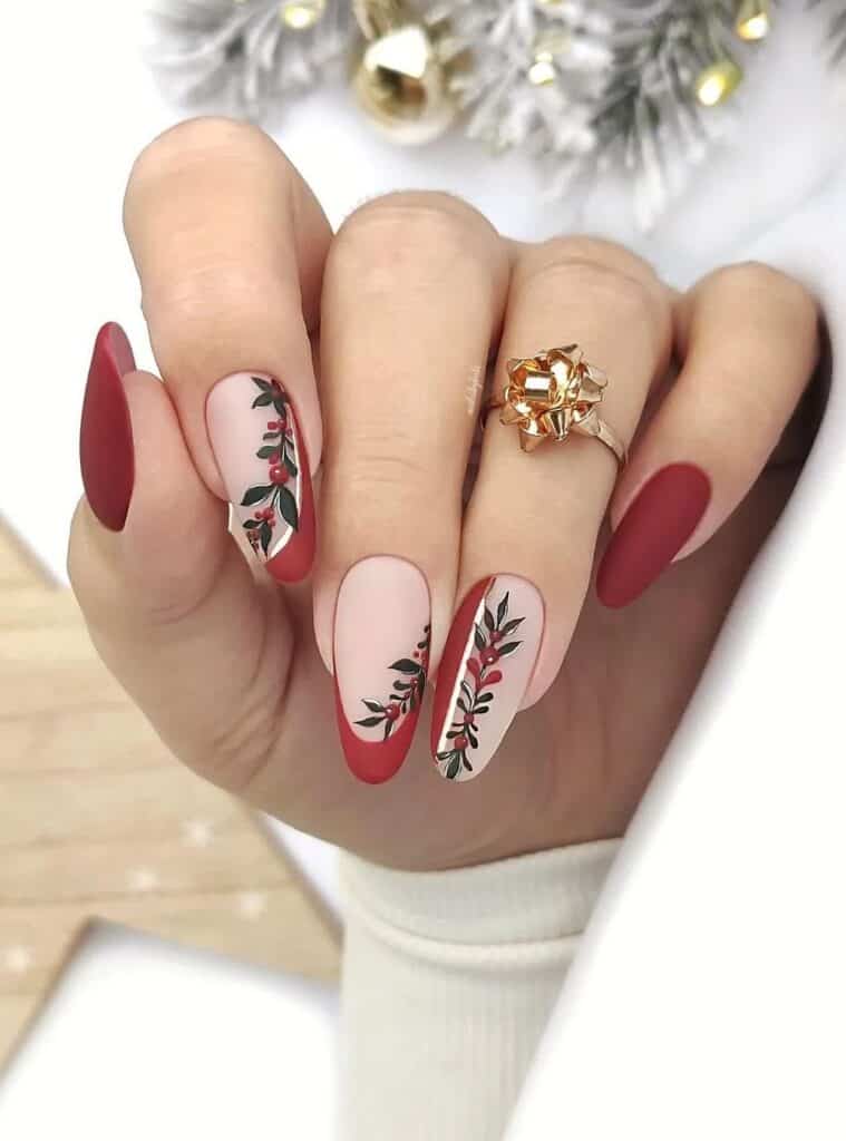 6 Holly Berry Matte Almond matte white and red christmas nails with soft holly berry tones