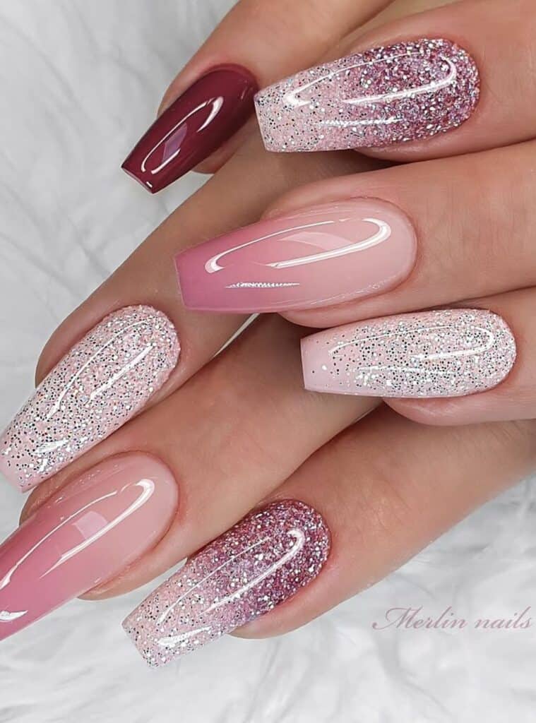 7 Pink Ombre Coffin Glitter feminine pink ombre holiday glitter nails with soft sparkling finish