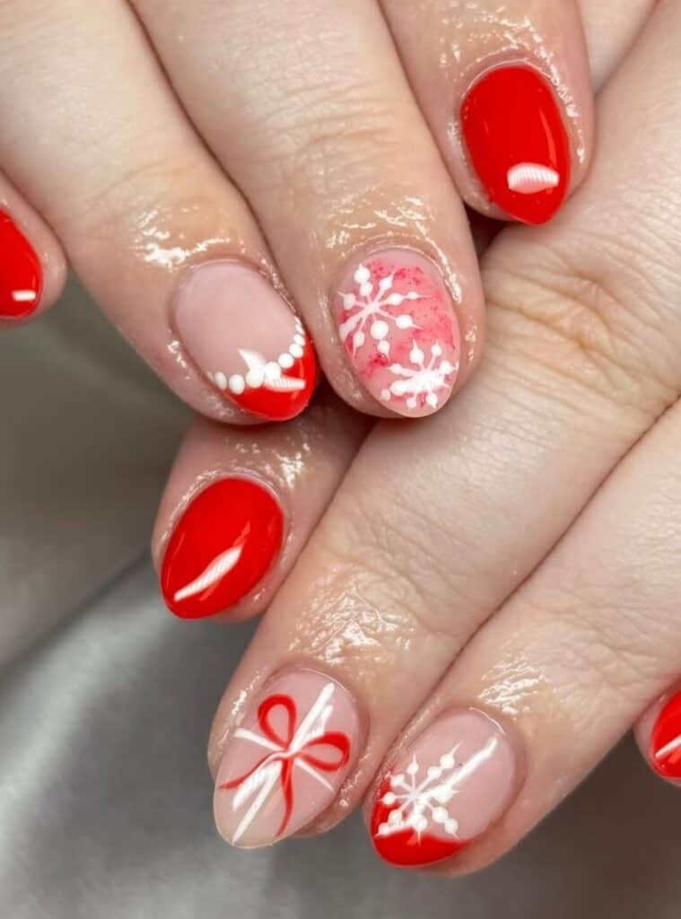 7 Short Red Snowflake Round cute short white and red christmas nails with tiny snowflakes