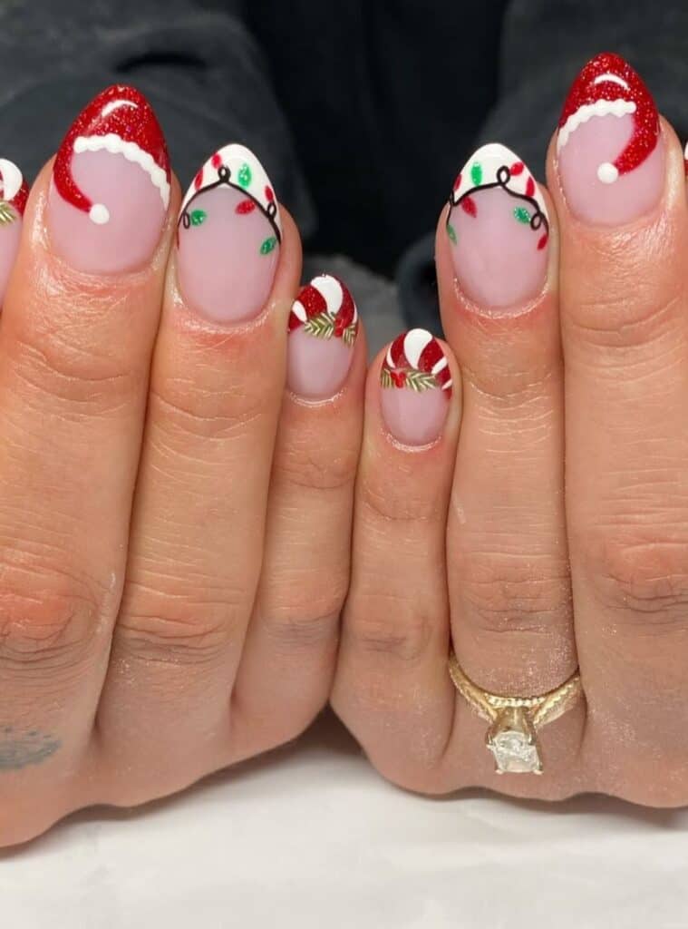 8 Santa Hat Garland Almond French festive red and green holiday nails with garland designs
