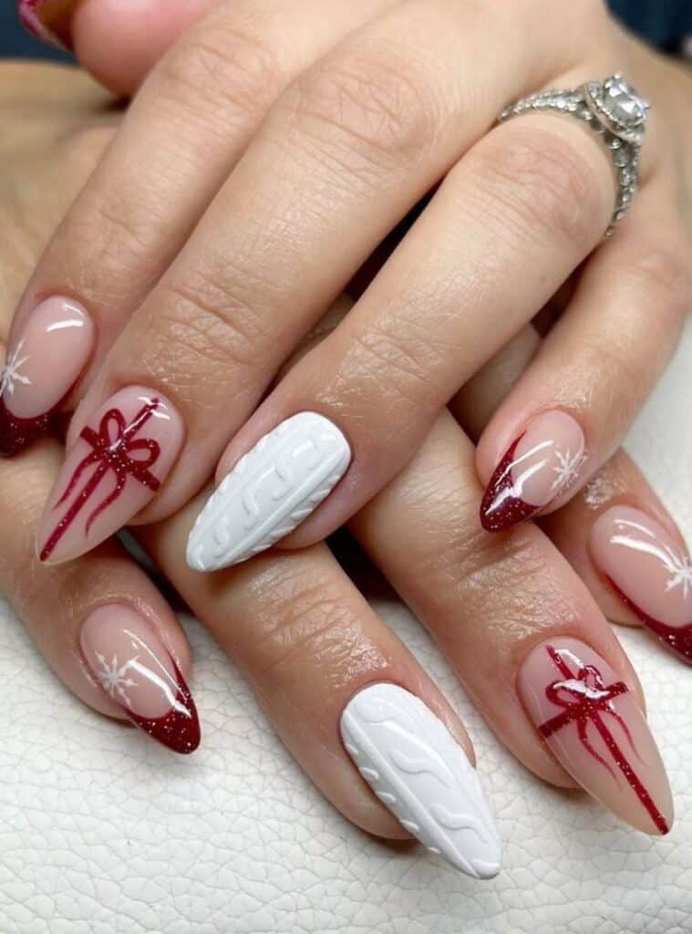 9 Cable Knit Stiletto French textured white and red christmas nails with knit-inspired design