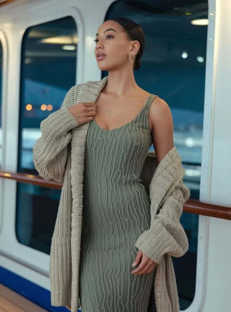 1 Sage Textured Dress Oatmeal Knit Cardigan Block Heels sage textured dress oatmeal knit cardigan block heels winter cruise outfit