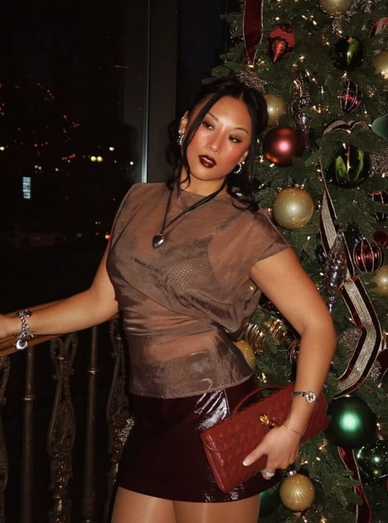 10 Brown Mesh Top Black Checkered Tank Top Burgundy Patent Skirt mesh top and patent skirt styled as edgy winter nightlife outfits in vegas