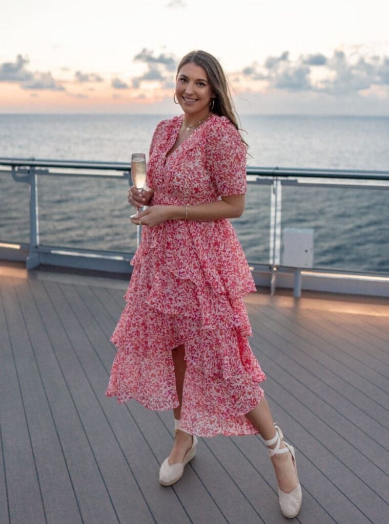 10 Magenta Floral Tiered Midi Dress Cream Lace up Espadrilles Gold Pendant Necklace magenta floral tiered midi dress lace up espadrilles cruise look