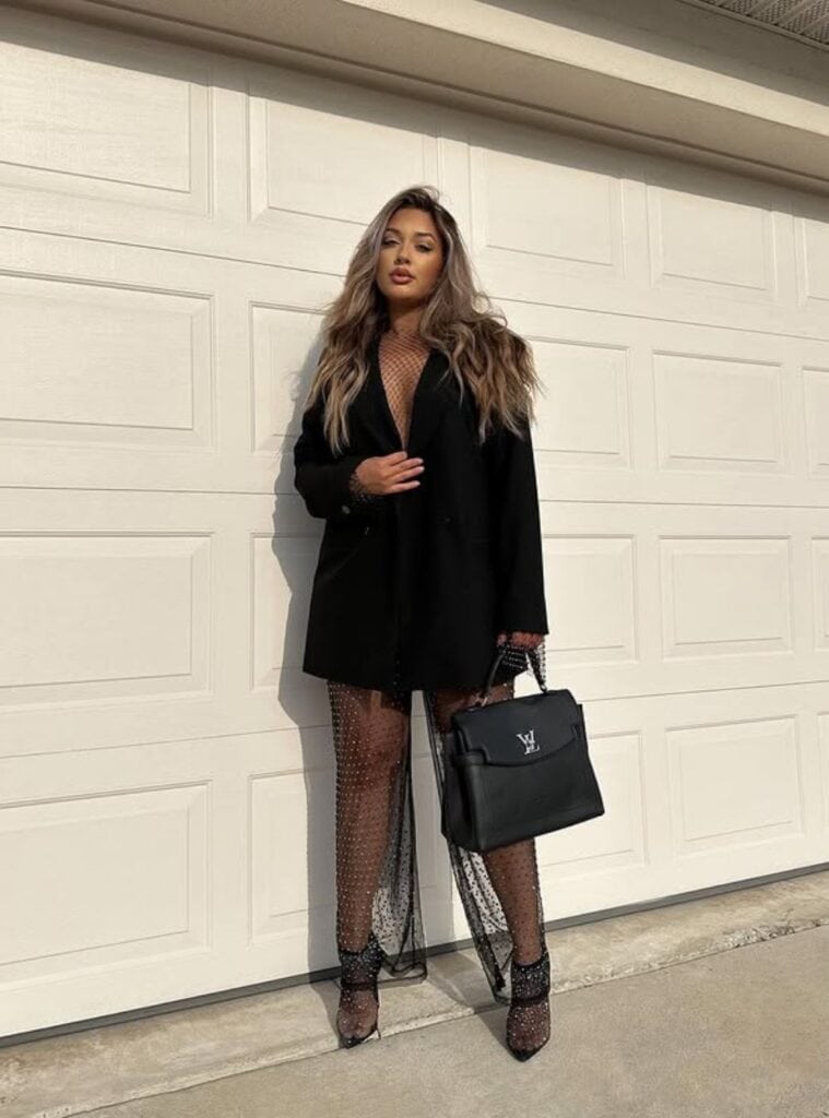 11 Black Longline Blazer Crystal Mesh Trousers Black Embellished Heels longline blazer with crystal trousers styled for glam vegas winter outfits