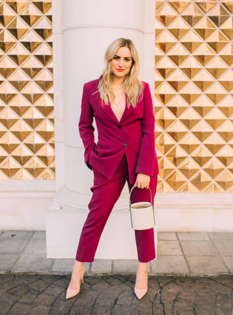 12 Fuchsia Tailored Blazer Matching Slim Trousers Nude Stiletto Pumps tailored blazer and trousers styled for elevated outfits for las vegas winter evenings