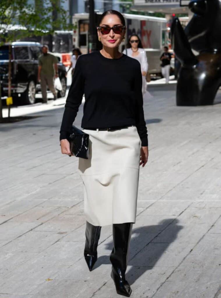 12 Long Sleeved Top Cream Leather Midi Skirt Black Leather Pointed Boots elevated winter dressing in spain featuring a long-sleeved top paired with a cream leather midi skirt and black pointed boots
