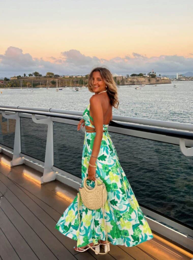 13 Green and Yellow Floral Maxi Dress White Strappy Sandals Straw Handbag green yellow floral maxi dress white sandals straw handbag cruise outfit