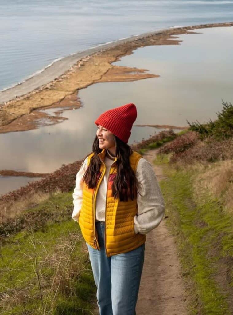 13 Mustard Yellow Quilted Vest Cream Oversized Sherpa Sweater Classic Blue Denim mustard yellow quilted vest layered over a cream oversized sherpa sweater and classic blue denim a warm and casual winter hiking outfit