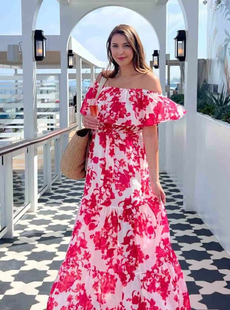 14 Pink and White Floral Off the Shoulder Maxi Dress Straw Tote Bag Platform Sandals pink white floral off shoulder maxi dress straw tote cruise look