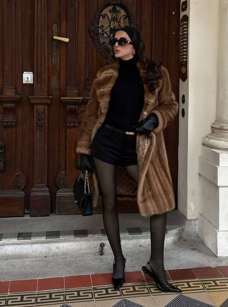 16 Brown Faux Fur Coat Black Turtleneck Black Shorts and Tights brown faux fur coat styled with black tights and layered winter pieces for switzerland winter outfits