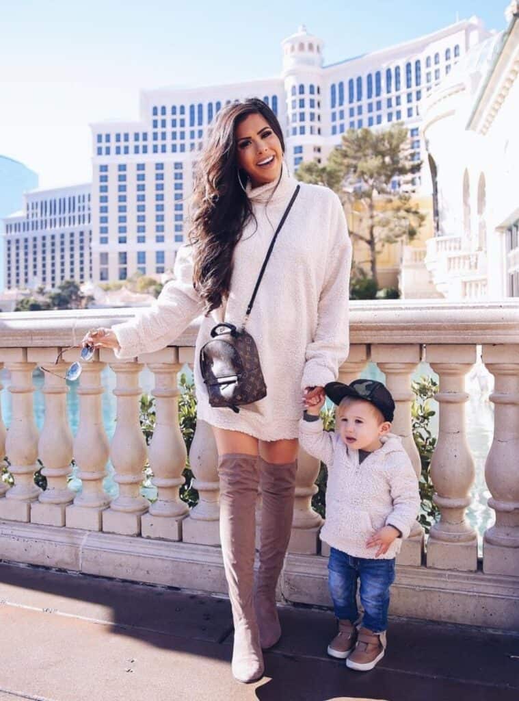 2 Cream Oversized Turtleneck Sweater Dress Taupe Over the Knee Boots Mini Backpack cozy sweater dress layered for outfits for las vegas winter with over the knee boots