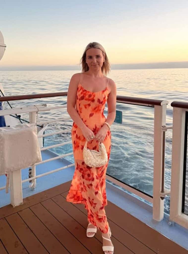 20 Orange Floral Slip Maxi Dress White Strappy Sandals Beaded Cream Handbag orange floral slip maxi dress white sandals beaded handbag cruise outfit