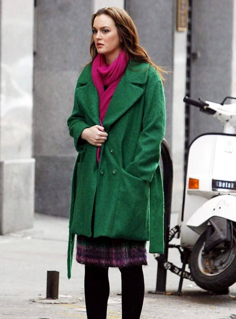 22 Emerald Wool Coat Magenta Scarf Plaid Mini Skirt emerald green wool coat paired with a magenta scarf and plaid skirt for bold winter outfits for europe