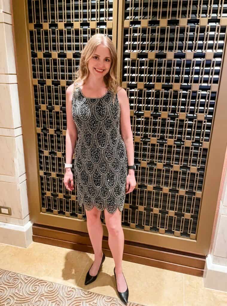 22 Silver Scalloped Sequin Mini Dress Black Pointed Toe Pumps Stacked Silver Bracelets silver sequin mini dress black pumps evening cruise outfit