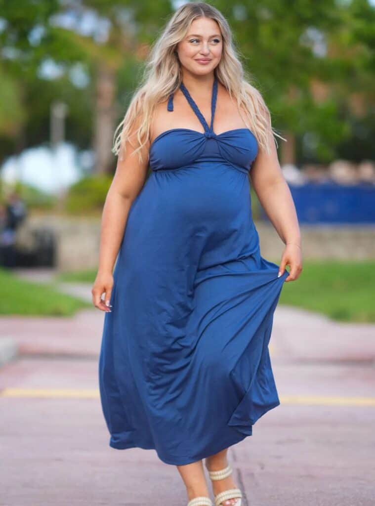 24 Blue Halter Neck Maxi Dress Beige Platform Sandals Gold Chain Bracelet 1 blue halter neck maxi dress beige platform sandals cruise style