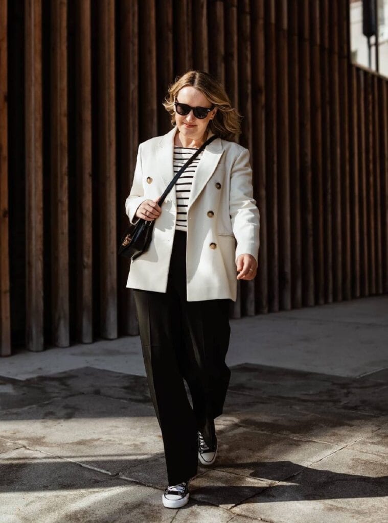 25 Cream Double Breasted Blazer Striped Long Sleeve Tee Black Wide Leg Trousers cream blazer striped tee wide leg trousers smart cruise outfit