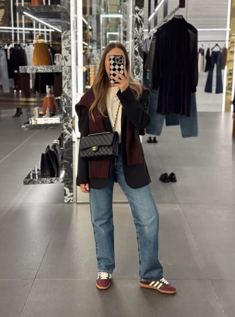 26 Black Oversized Blazer Burgundy Knit Sweater Straight Leg Trousers oversized blazer and knit sweater styled for chic outfits for las vegas winter