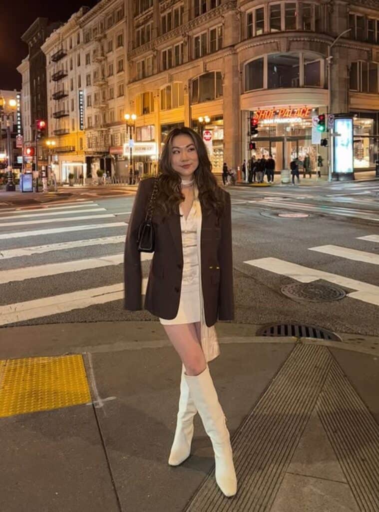 27 Chocolate Brown Blazer White Satin Mini Dress Leather Knee High Boots satin mini dress layered with blazer styled for vegas winter outfits at night