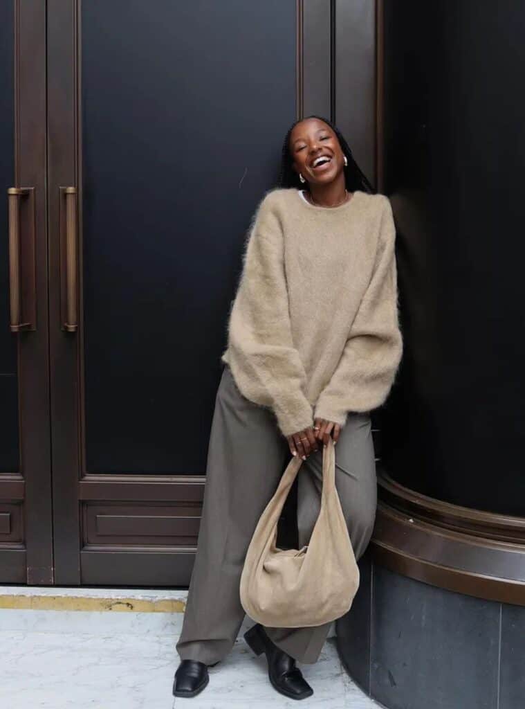 27 Oversized Beige Knit Taupe Wide Leg Trousers Loafers relaxed european winter outfits styled with an oversized beige knit, taupe wide-leg trousers, and loafers