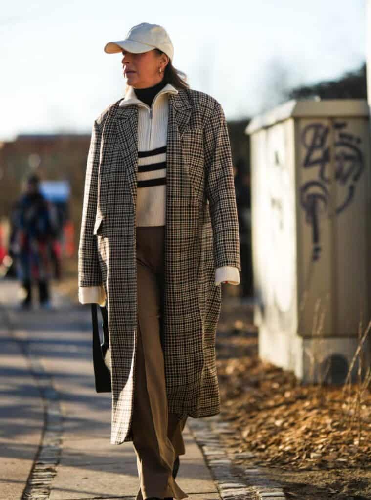 28 Plaid Oversized Overcoat Quarter Zip Sweater Tan Wide Leg Trousers plaid oversized overcoat quarter zip sweater tan trousers winter cruise outfit