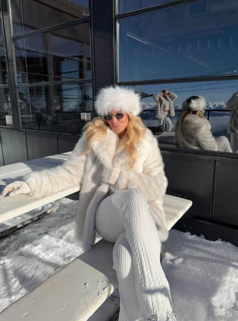 28 White Faux Fur Coat Cable Knit Matching Sets White Fur Headband white faux fur coat styled with matching knit sets for switzerland winter outfits in snow