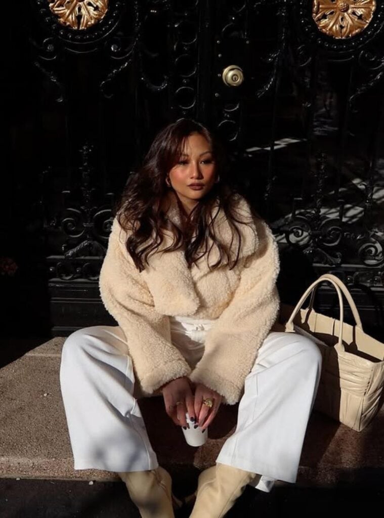 29 Cream Teddy Fleece Jacket White Wide Leg Trousers Pointed Toe Boots teddy fleece jacket and wide leg trousers styled for soft vegas winter outfits