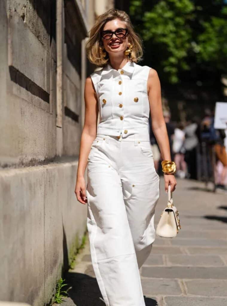 29 White Sleeveless Button Down Vest White Wide Leg Cargo Trousers Leather Handbag white sleeveless vest wide leg cargo trousers cruise outfit