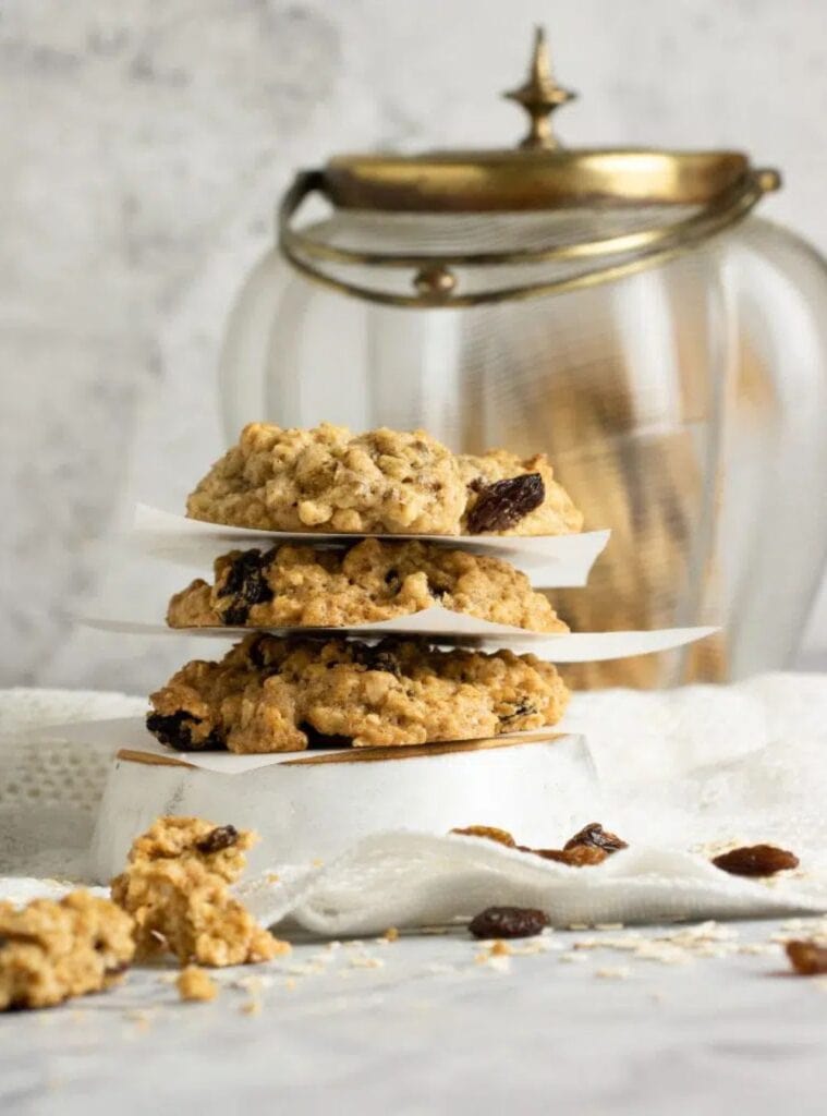 3 Chewy Vegan Oatmeal Raisin Cookies chewy oatmeal raisin cookies with a soft center