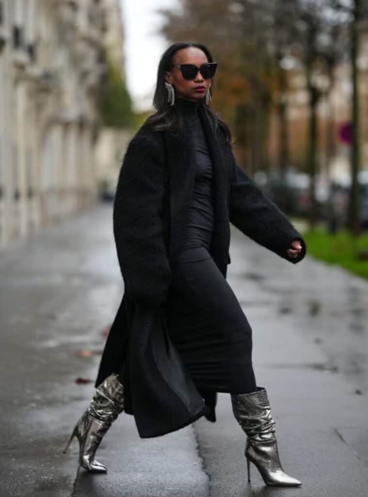 31 Black Oversized Wool Coat Black Bodycon Midi Dress Silver Metallic Stiletto Boots black oversized wool coat styled with a bodycon midi dress for sleek switzerland winter outfits