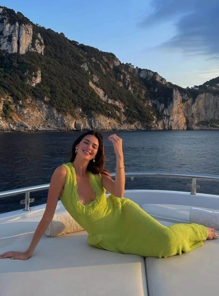 31 Lime Green Knit Halter Maxi Dress Gold Chain Bracelet Nude Strappy Sandals lime green knit halter maxi dress nude sandals cruise evening look