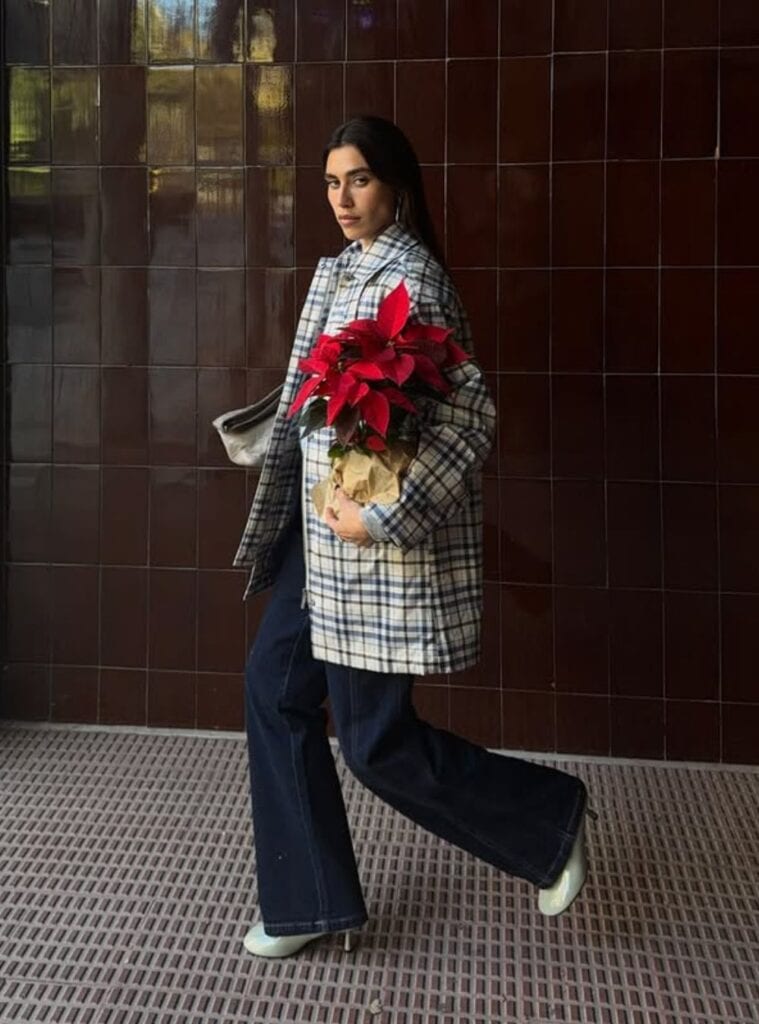 32 Plaid Overshirt Dark Wash Flare Jeans Metallic Boots laid-back winter outfits for spain featuring a plaid overshirt styled with dark wash flare jeans and metallic boots