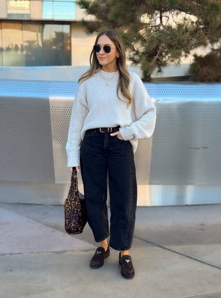 4 Cream Oversized Sweater Black Wide Leg Jeans Dark Brown Loafers oversized sweater with wide leg jeans styled for casual vegas winter outfits