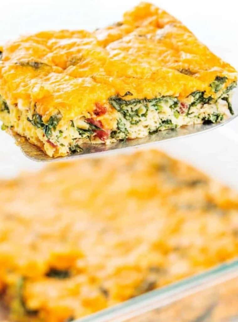 4 Healthy Bacon and Spinach Egg Casserole egg casserole with spinach and bacon slices