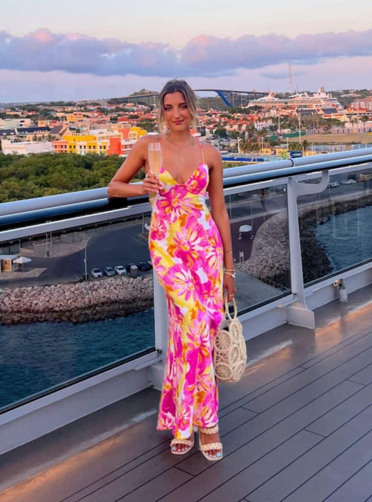 6 Pink Ruffled Midi Cream Lace up Wedges Woven Clutch Bag pink ruffled midi cream lace up wedges woven clutch cruise evening outfit