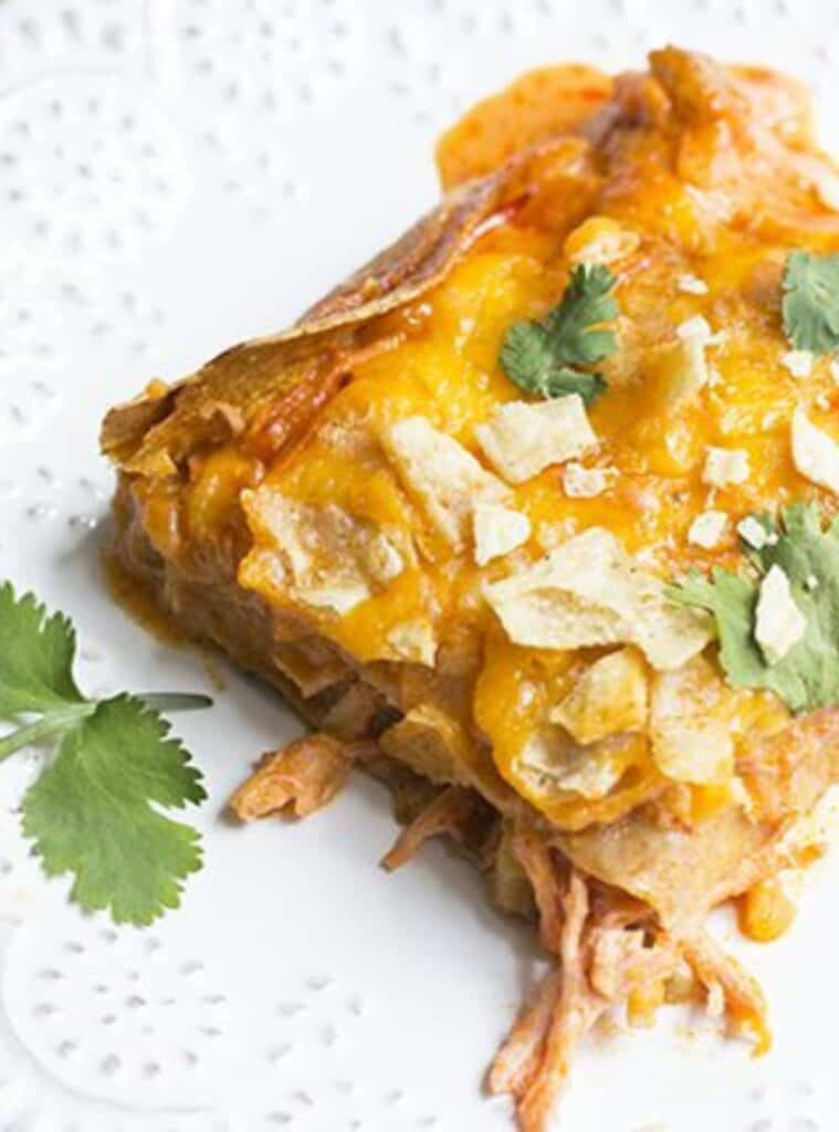 7 Easy Skinny Chicken Enchilada Bake chicken enchilada casserole in oven dish