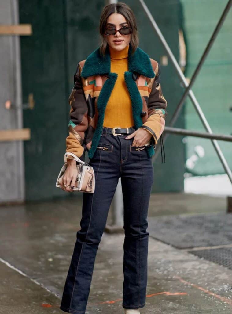 8 Multi Color Patchwork Jacket Mustard Turtleneck Top Denim Jeans multicolor patchwork jacket mustard turtleneck denim jeans casual cruise outfit