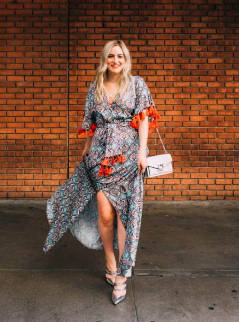 8 Teal Printed Maxi Dress Silver Metallic Heels Silver Chain Bag printed maxi dress styled for vegas winter outfits with metallic heels for nightlife