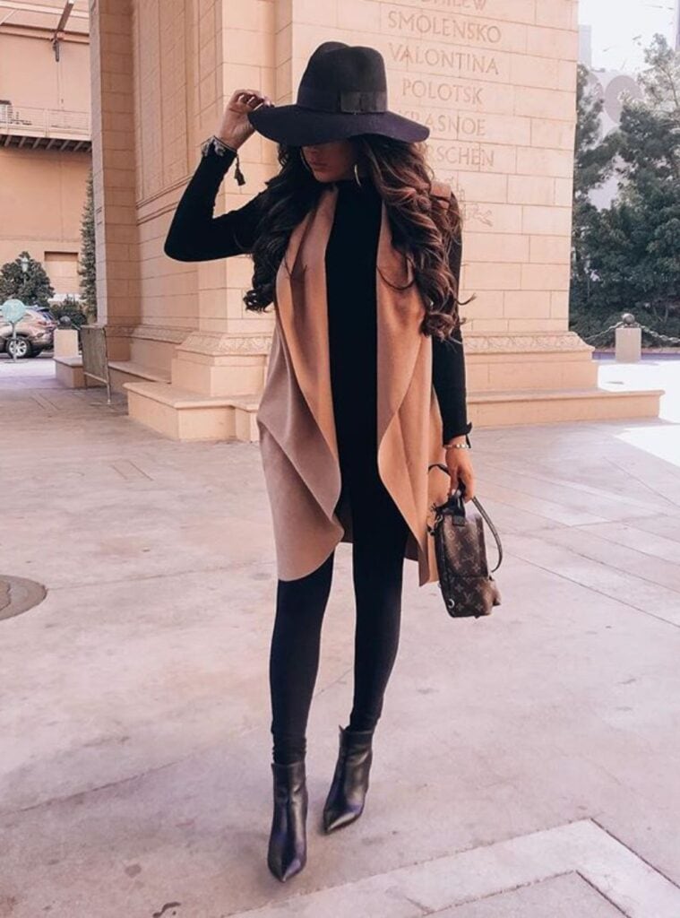 9 Black Turtleneck Camel Waterfall Vest Black Pointed Booties black turtleneck and waterfall vest styled for polished outfits for las vegas winter